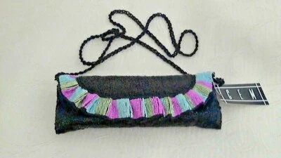 Beaded Bag by CEM 9" x 3" Black Pink Blue Gold Braided Strap Lined In Satin NEW - Image 1 of 4