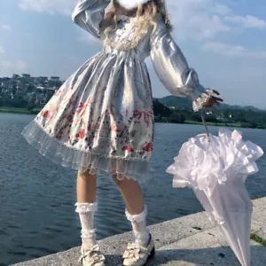 Girl Kawaii Japanese Lolita Dress Satin Long Puff Sleeve Ruffle Frill Button - Picture 1 of 10