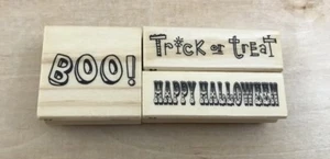 Lot of 3 Halloween Wood Mount Rubber Stamps Craft Smart Boo Trick Treat Fonts - Bild 1 von 4