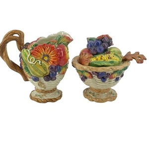 Fitz & Floyd Autumn Bounty Creamer & Sugar Bowl w/ Lid & Spoon Vintage Collect - Picture 1 of 19