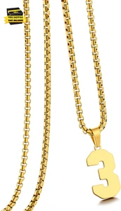 18K Gold Number Necklace for Men,Stainless Steel Athletes Number Chain Charm Pen - Picture 1 of 7