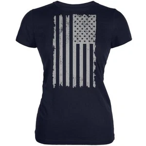 4th of July Distressed Grey Vertical American Flag Navy Juniors Soft T-Shirt - Picture 1 of 1