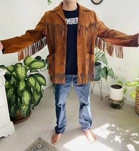 Vintage 60s Woodstock Fringe Suede Leather Jacket Men’s Easy Rider Coat S-M - Picture 1 of 18