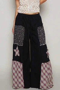 Pantalones POL Floral y Cuadros Patchwork Dobladillo Crudo Cordón Pierna Ancha en Negro Multi - Imagen 1 de 5