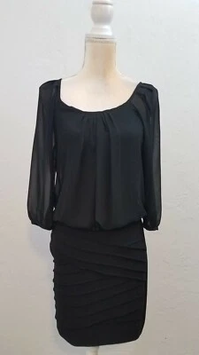 B DARLIN JUNIORS SZ MEDIUM BLACK SHEER CHIFFON BLOUSON DRESS STRETCHY UNLINED  - Image 1 of 4