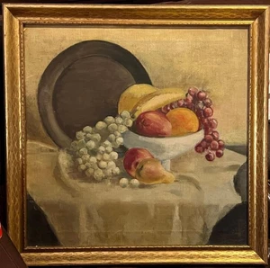 Antiguo plato de frutas y peltre arte bodegón pintura al óleo original americana antigua - Imagen 1 de 22
