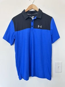 Under Armour Polo Shirt Boys YXL Blue Black Loose Heatgear Short Sleeve - Picture 1 of 4