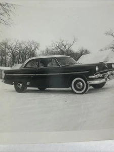 Vintage Photo Classic Car On Winter Snow White Walls 3.5” Black And White - Picture 1 of 3
