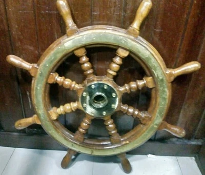 Nautical Wooden & Brass Ship Steering Wheel Vintage Marine Decor Captain’s Wheel - Image 1 of 4