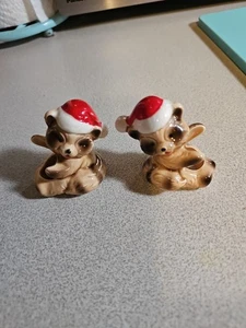 Vintage Christmas Candle Holder Set Raccoon Santa Hat Red and White Ceramic - Picture 1 of 5