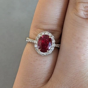 Natural Ruby and Diamond Halo Ring 2.51 cttw in 18K White Gold- HM2716AA - Picture 1 of 8
