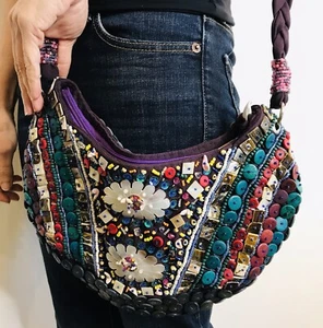  Purple Wooden Beaded Multicoloured Handbag Ethnic Boho NWT - Bild 1 von 12