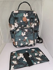 Lenappy Richie Nappy Backpack Baby Diaper Bag Green Floral Changing Pad Read - Picture 1 of 11