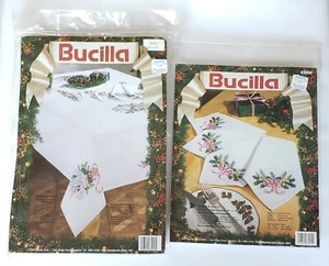 Vtg Bucilla Doves & Holly Stamped Embroidery Tablecloth & Napkins 83058 & 83062  - Picture 1 of 8