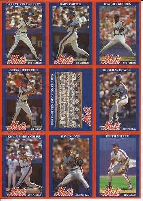 New York Mets 1988 Farmland Uncut Sheet of 9 Cards Strawberry-Carter-Hernandez - Image 1 of 2