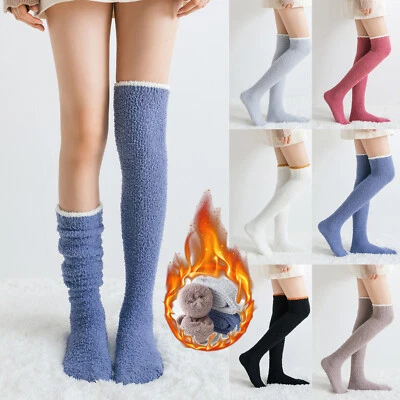 Women Solid Fuzzy Socks Winter Warm Over Knee High Socks Cheer Tight Socks  m - Image 1 of 4