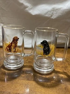 Vtg Glass Beer Mug Golden / Labrador Retriever Dogs Gold Rim Handle Set of 2 EUC - Picture 1 of 12