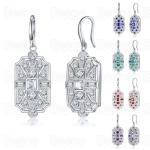 5cm Geometric Filigree Crystal Vtg Antique Style Platinum Silver Drop Earrings - Picture 1 of 17