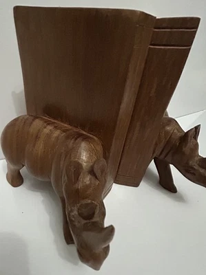 Rhino Bookends Solid Wood Hand Carved Safari Rhinoceros Decor Vintage 5x4 - Image 1 of 4