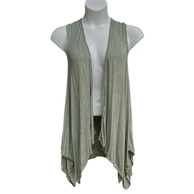 POL Green Lace Trim Sleeveless Duster Vest Cardigan Womens Size Large Boho Rayon - Image 1 of 4