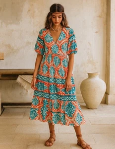 Figueroa & Flower Puffärmel Bohemian Maxi Rüschensaum koralle türkis Kleid L - Bild 1 von 11