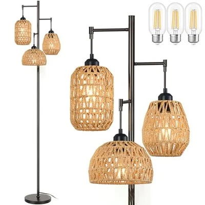 Boho Floor Lamp for Living Room Bedroom - Farmhouse 3 Rattan Rustic 3 Lights - Image 1 of 4