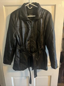 Vintage KC Collections Black Leather Jacket Women L Belted Zip Front Moto - Picture 1 of 13