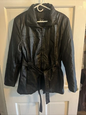 Chaqueta de Cuero Negra Vintage KC Collections Mujer L Cinturón Cremallera Frontal Moto Foto 1 de 4