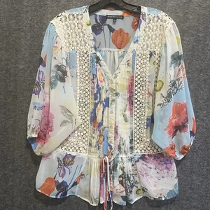 Blusa Daniel Rainn Top Mujer M Azul Floral Boho Crochet Plisado Corbata Peplum - Imagen 1 de 10