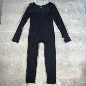 Womens M Black Square Neck Ribbed Long Sleeve Unitard Slim Yoga Bodysuit Bodycon - Picture 1 of 10