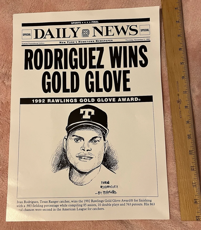 Póster ganador del Guante de Oro Iván Rodríguez Texas Rangers 1992 por Bill Gallo Foto 1 de 1