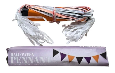 Halloween 100 Ft Pennant Banner - 48 Flags 12"x18" - Orange, Black & Purple - Image 1 of 2