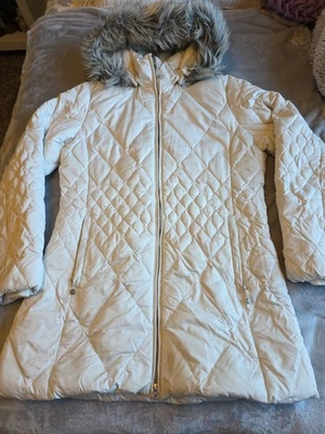 Женское пуховое пальто Eddie Bauer цвета слоновой кости со съемным мехом с капюшоном размер L - Изображение 1 из 4