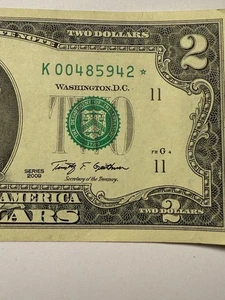 Two Dollar Star Note Double 0s Fancy Serial Number K00485942* Crisp 2009 Series - Picture 1 of 10