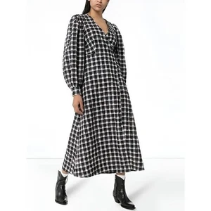 Ganni Seersucker Karo Langarm Wickel Midi Kleid Schwarz Weiß Größe EU 38 US 6 - Bild 1 von 8