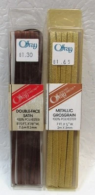 Vintage Offray Ribbon Lot of 2 Gold Metallic Grosgrain & Satin Brown 1/8" New - Image 1 of 4