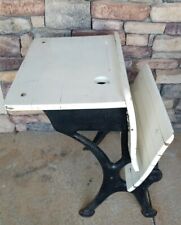 Antique Kid Child Student School Wood Desk Fold Up Seat Cast Iron Base w/Inkwell