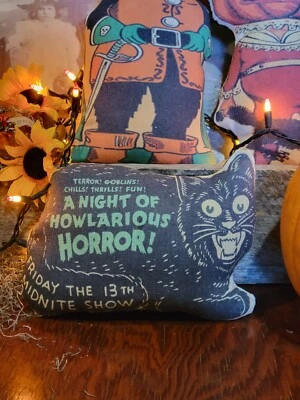 Primitive Farmhouse Retro Halloween Pillow Spooky  Black Cat Shelf Sitter - Image 1 of 4