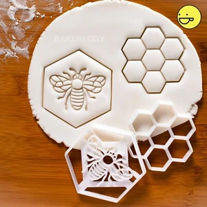Set of 2 cookie cutters: Honey Bee & HoneyComb | honeybee bumblebee bumble hive - Picture 1 of 13