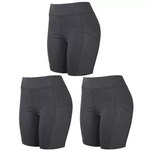 3 Women's Biker Leggings Shorts w/ Pockets Yoga Sports Running Exercise Grey L - Picture 1 of 1