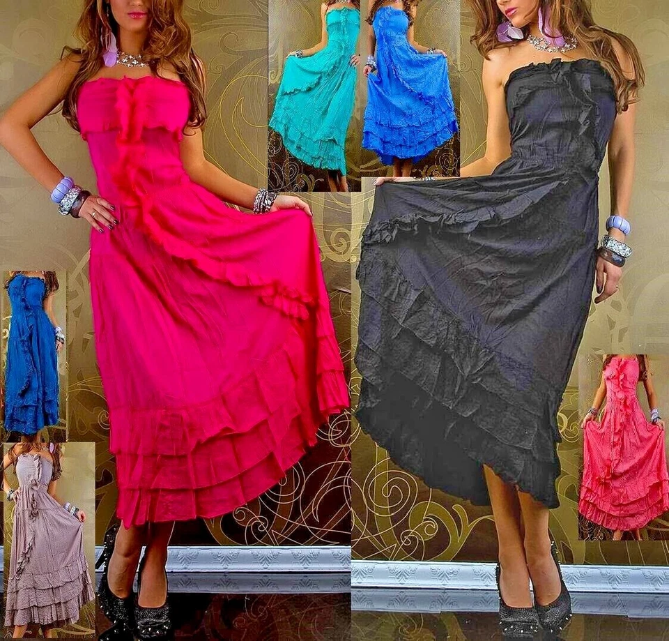Maxi Kleid rot schwarz türkis blau lang Volants Hippie Boho XXS XS S M tailliert - Bild 1 von 1
