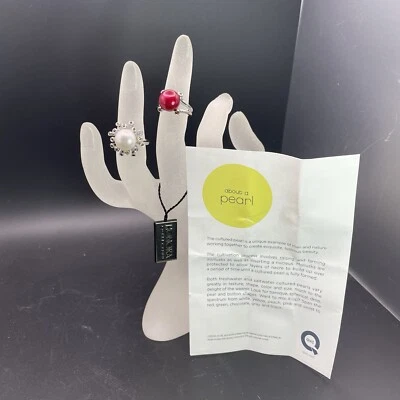 2- HONORA PEARL RING SIZE 5 RED/CHERRY And WHITE 10.8 AND 10.4mm 925  Gem Accent - Image 1 of 4