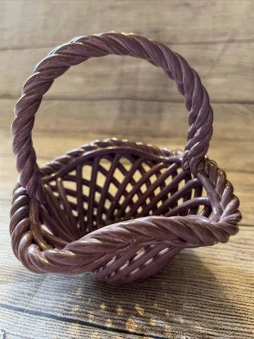 Vtg Concepts Intl Small Purple Braided Ceramic Basket With Handle 5x5x6” Cover