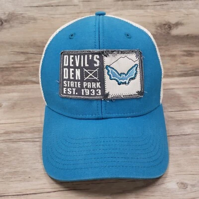 Gorra Devils Den State Park con correa trasera parche de murciélago deletreado est 1933 azul ajustable Foto 1 de 4