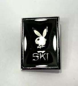 Vintage Playboy Bunny Ski Lapel Pin Button Reads "SKI" Black and Silver - Picture 1 of 8