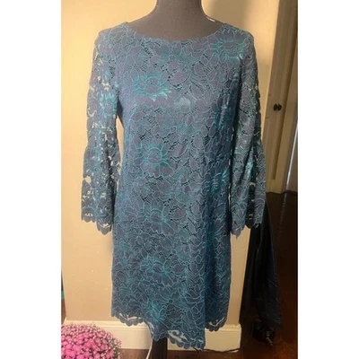 Jessica Howard Women's 10P Teal Lace Bell Sleeve Sheath Dress Formal Event - Image 1 of 4