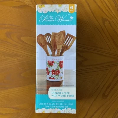 Vaso de utensilios de gres Pioneer Woman con herramientas de madera vintage floral Foto 1 de 4