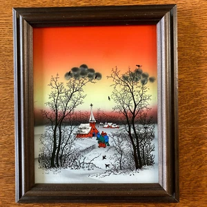 Volkskunst Eres Naive Malerei Rückglas Wintersaison Sonnenuntergang Vintage Original - Bild 1 von 12