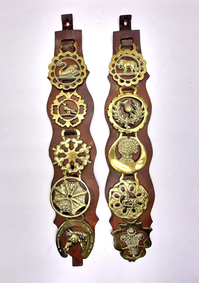Pair Vintage Horse Brasses On Leather Martingale Display Straps Equestrian Decor - Image 1 of 4