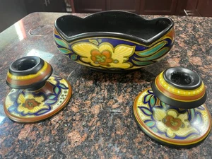 2 candelabros y cuenco PZH Dutch Gouda pintado a mano patrón Aurora años 20/30 - Imagen 1 de 4